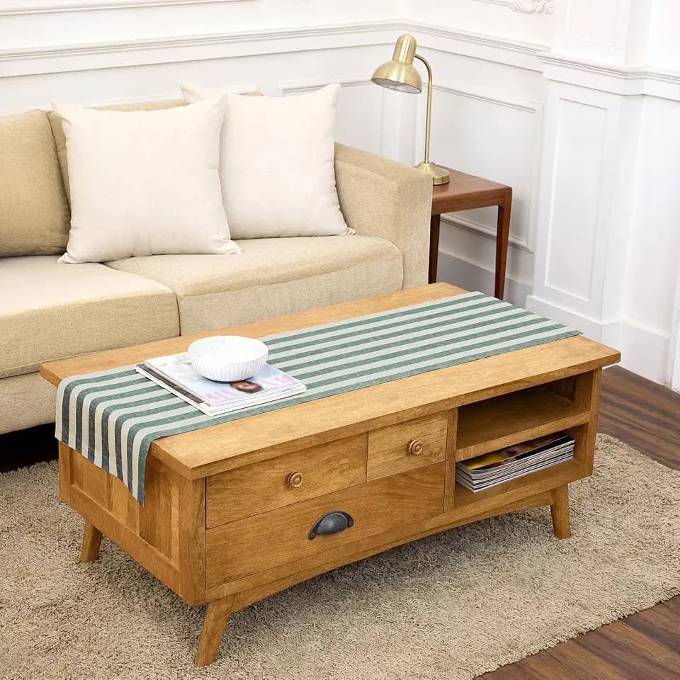 Solino Home 100% Linen Table Runner, 14 x 48 in, Green and Natural Striped
