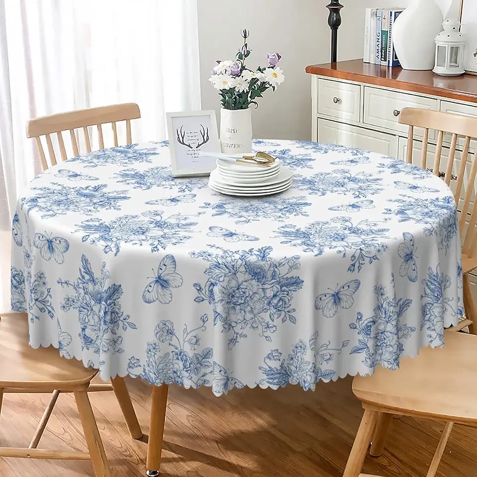 Blue Floral Round Tablecloth 54 Inch Rustic Butterfly Blue White Flowers Decorative Table Cloth Waterproof Stain Resistant Table Cover for Farmhouse Kitchen Dining Patio Picnic Party Decors