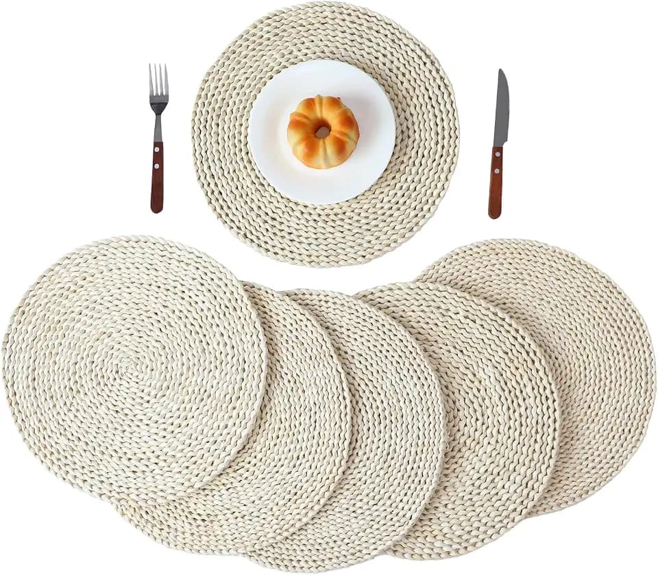 YRMT Round Woven Placemats Set of 6 Corn Husk Woven Placemat Braided Straw Water Hyacinth Place Mats for Dining Table, Wedding, Natural 13.8" in