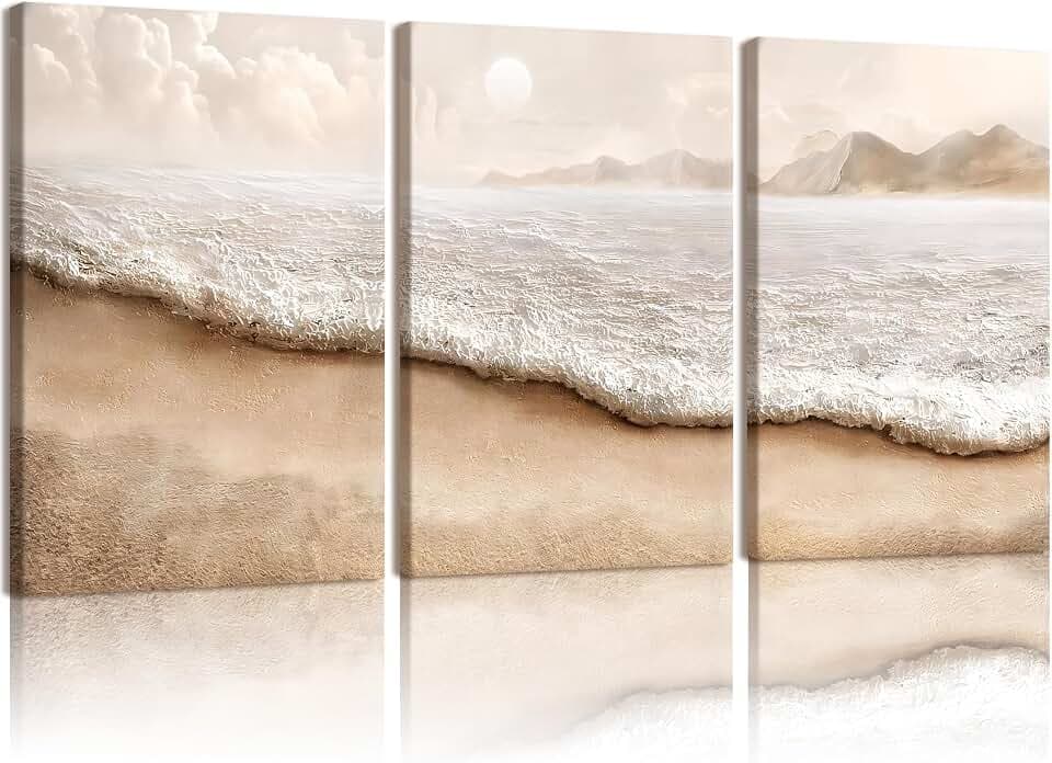EHNTNNMA 3pcs Beach and Ocean Framing Wall Art, Bohemian Coastal Canvas Decorative Paintings, Neutral Abstract Yellow-Tone Coastal Painting Posters, Bedroom, Kitchen, Living Room Art Decoration, 16x24 inch