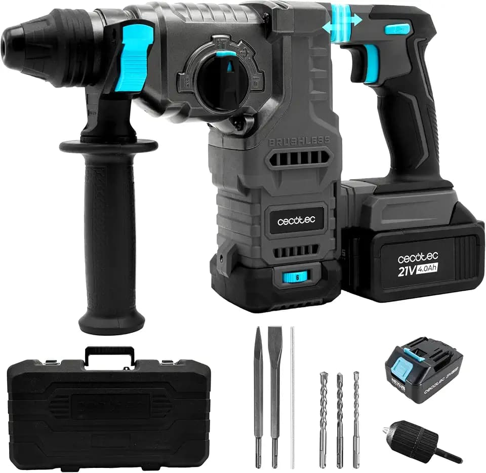 Cecotec Bohrhammer PowerForce 8000 ShockAbsorber Killer, NEX21 21 V 4,0 Ah, Brushless, 3 J Schlagenergie, 3in1, 6 Stufen 0-959 rpm, Adapter für Standardbohrer, Koffer mit Bohrern & Meißeln