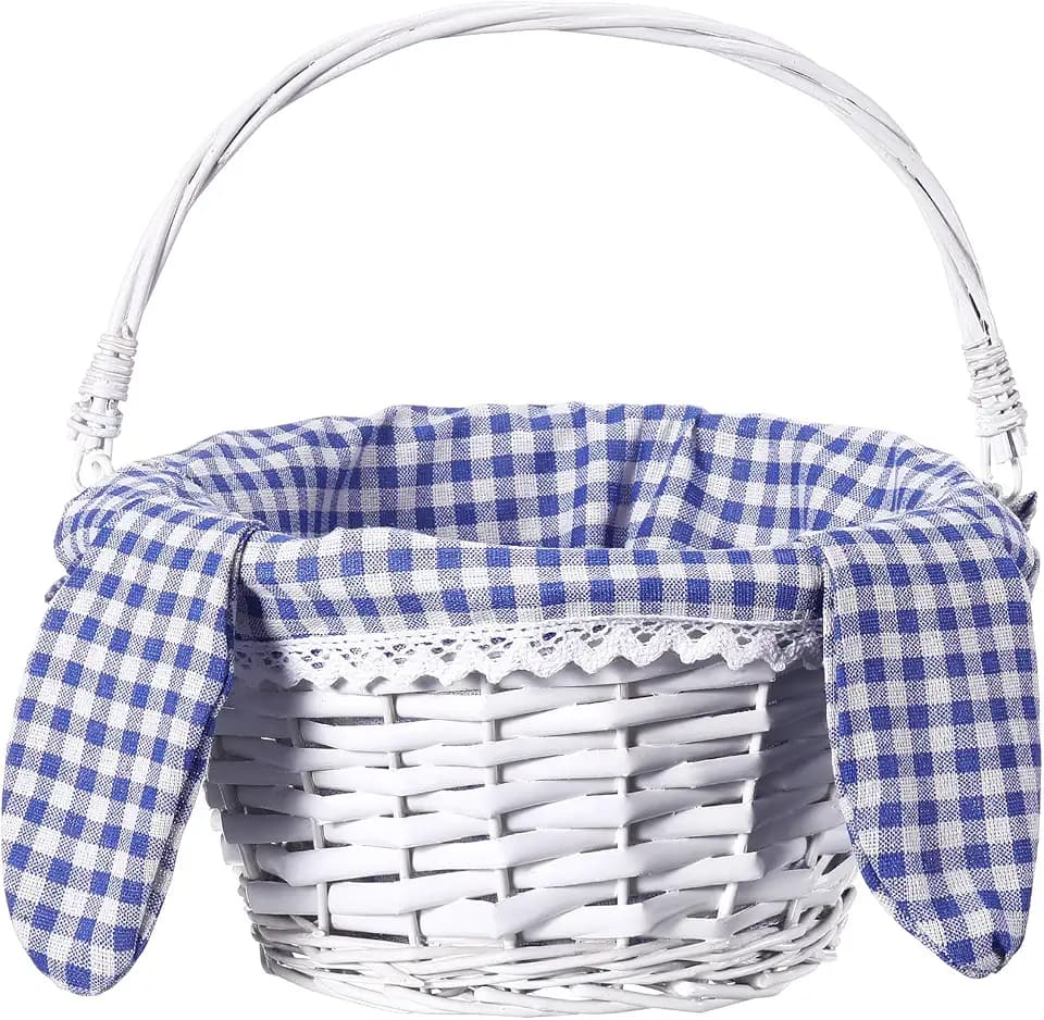 Hushee Easter Willow Gift Basket 11"×7" Easter Wicker Bunny Baskets with Folding Handle Plaid Liners for Kids Toys Eggs Hunt Wood Bunny Bucket Decorations(Blue and White Plaid)