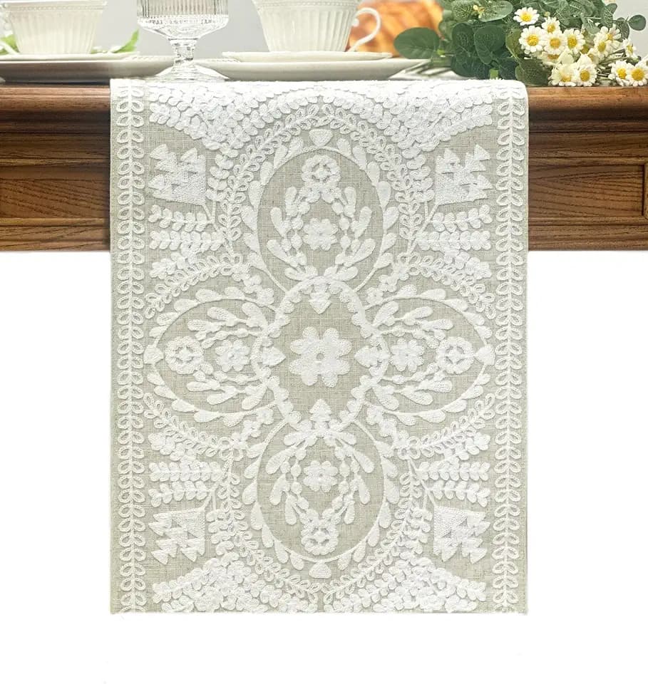 KEVA Boho Table Runner 72inches Long, Farmhouse Linen Table Runner, Rustic Vintage Natural Embroidered Table Runners 13x72 Inch for Dining Table Decorations