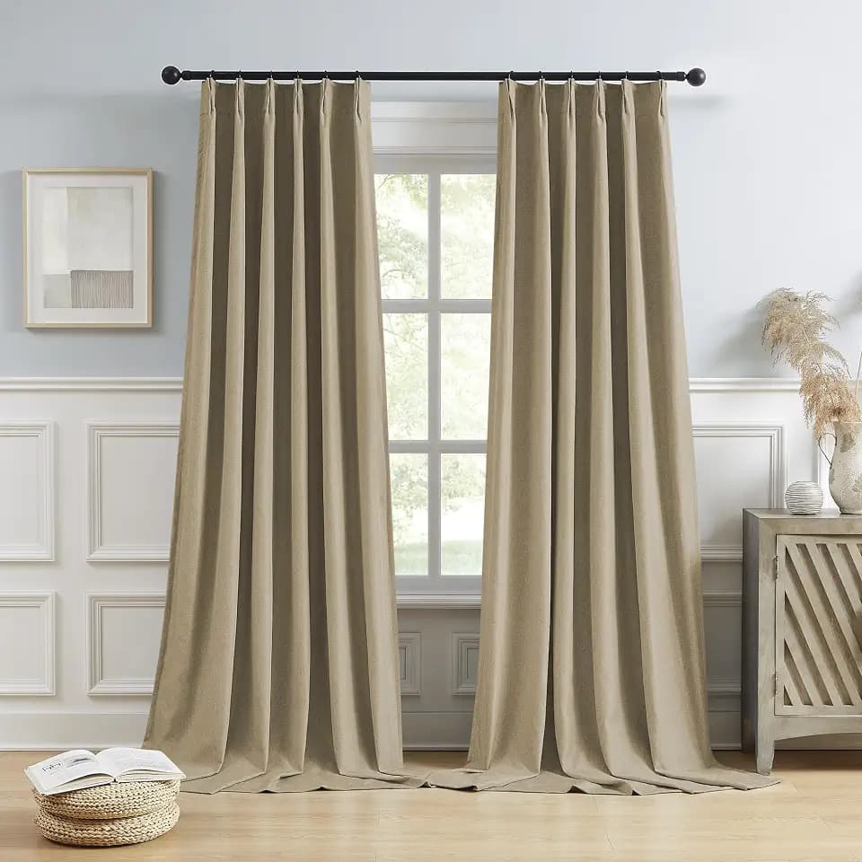 DUALIFE Taupe Blackout Pinch Pleated Curtains for Bedroom 132 Inch Length, Linen Blended Farmhouse 100% Blackout Thermal Insulated Back Tab Drapes with Hooks for Track System 2 Panels W40xL132