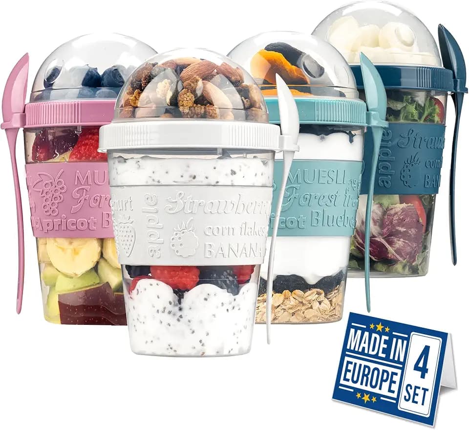 Crystalia 4 Pack 20 oz On The Go Yogurt Parfait Cups with Lids & Spoons, Reusable Yogurt Containers, Take and Go Cup with Topping Cereal or Oatmeal Container, New Colorful Set