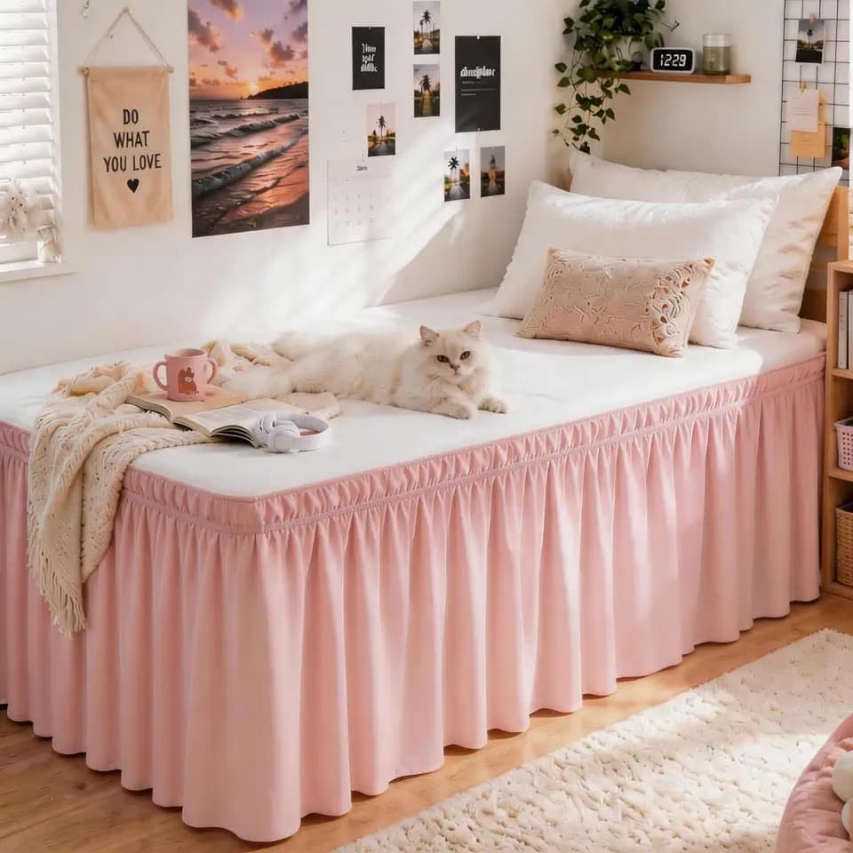Pink Twin XL College Dorm Bed Skirt 36" Drop, Elastic Wrap Dust Ruffle