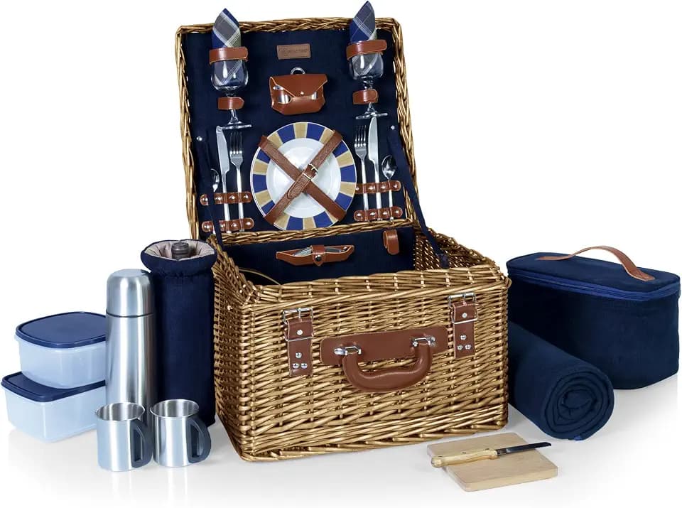 PICNIC TIME Romantic Canterbury Deluxe Wicker Picnic Basket Set for 2, with Blanket and Soft Cooler, One Size, Navy With Plaid