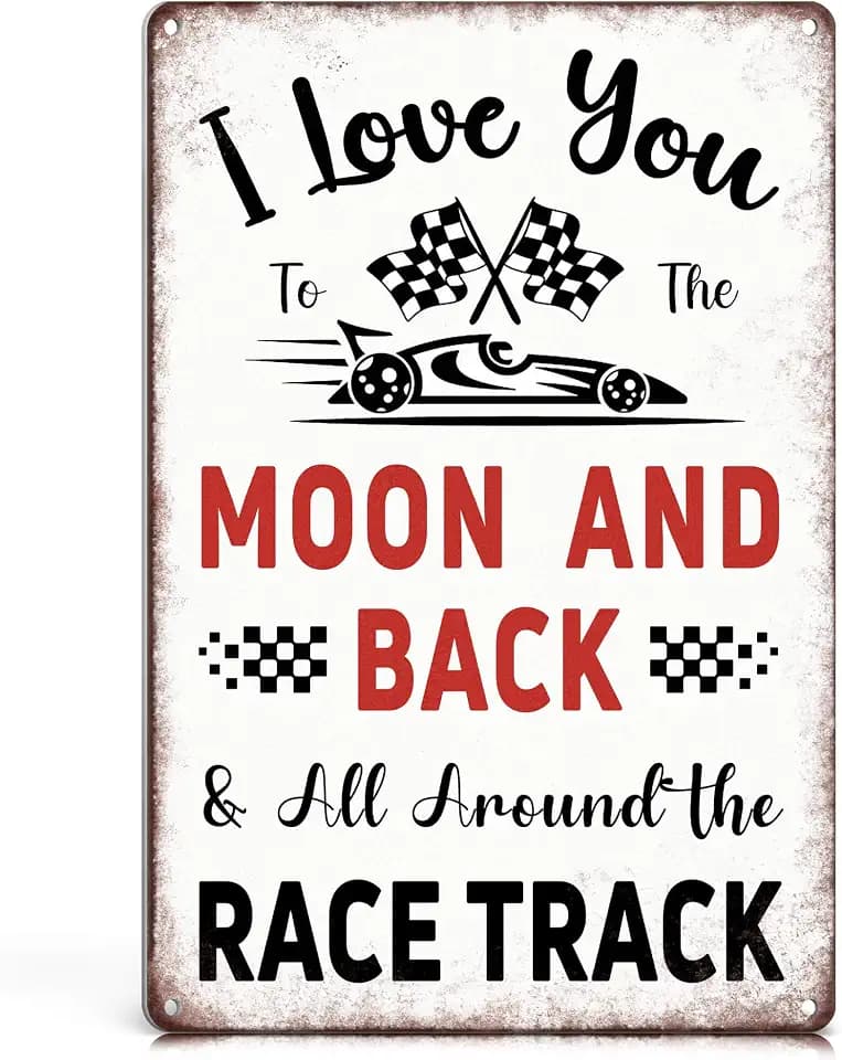 Race Car Room Decor for Boys - "I Love You To The Moon And Back" Vintage Metal Sign 12x8 Inch, Racing Car F1 Wall Art for Kids Room Nursery Garage Man Cave Bedroom