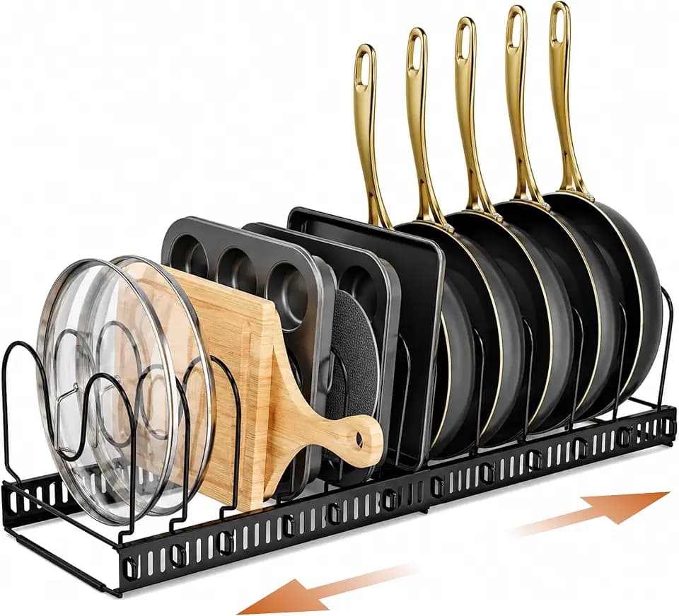 Norcalway Adjustable Bakeware Pots and Pans Organizer Under Cabinet,11 Dividers Cookie Sheet Baking Pan Pot Lid Organizers