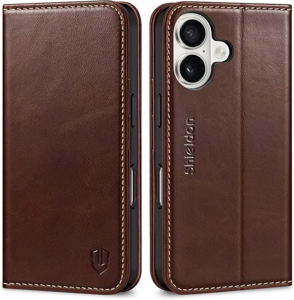 SHIELDON Echtleder Hülle für iPhone 16 6,1" 5G 2024, Retro Kaffee | Kartenfach, RFID Blocker, Magnetverschluss, Stoßfest, Lederhülle, Schutzhülle, TPU Case Klapphülle, Cover Etui