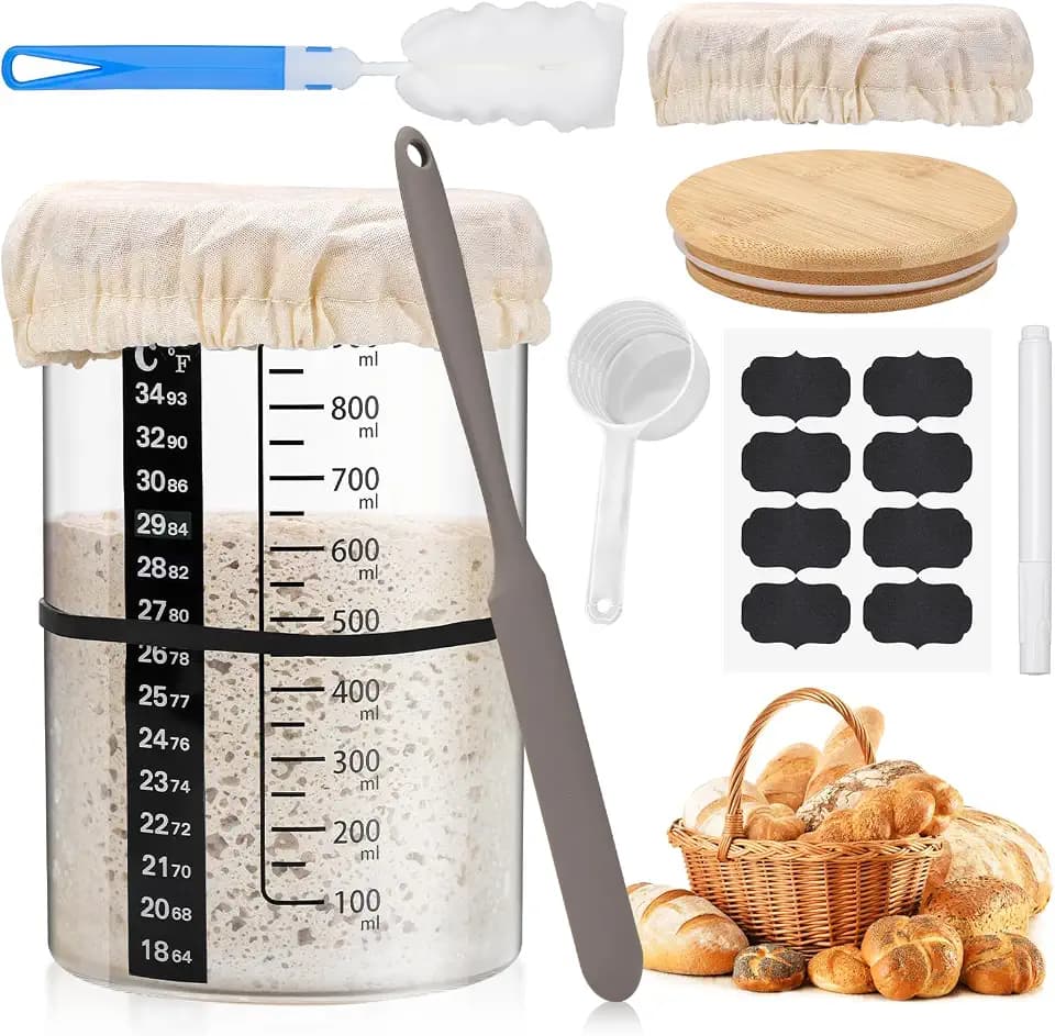 900ml Sauerteig Starter Set – Mit Sauerteig Glas, Silikonspatel, Stoffabdeckung & Holzdeckel, Ideal für Brotbacken und Fermentation