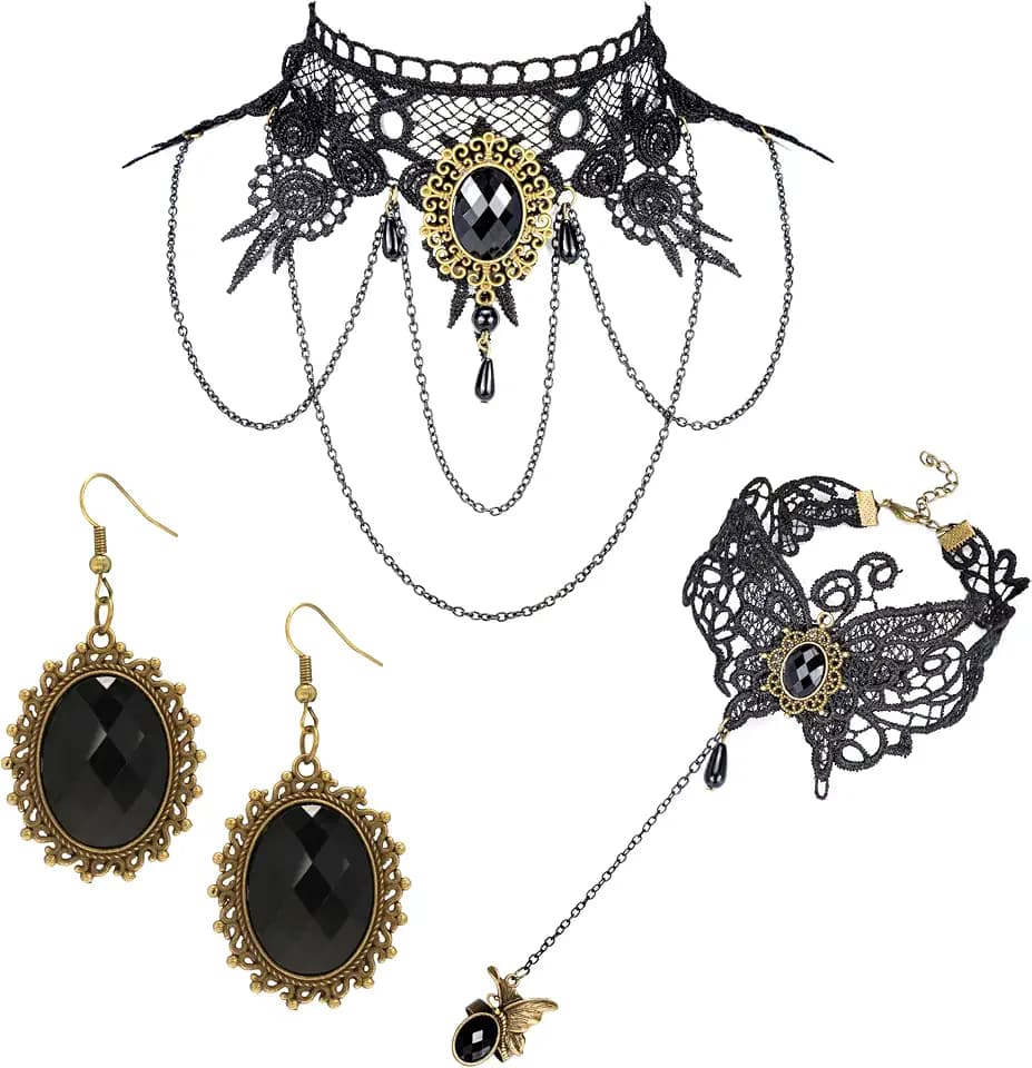 Gothic Jewelry Set with Gothic Lace Choker Necklace Black Lace Fingerless Gloves Goth Earrings for Women Hallowwen Costumes