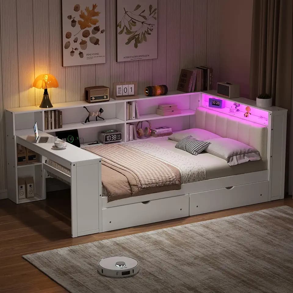 Bellemave Full Corner Bed with Storage Shelves and Desk, Upholstered Headboard Daybed with Bookcase and Drawers,Daybed with Storage, White+Beige Cushion