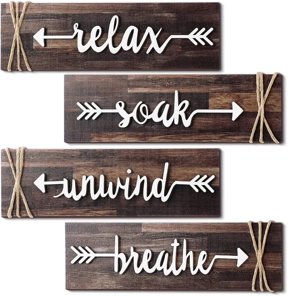 Jetec 4 Pieces Farmhouse Bathroom Decor Wall Art Soak Relax Unwind Breathe Wooden Signs with Arrow Rustic Vintage Country Bathroom Decor for Home Laundry Room(Brown)