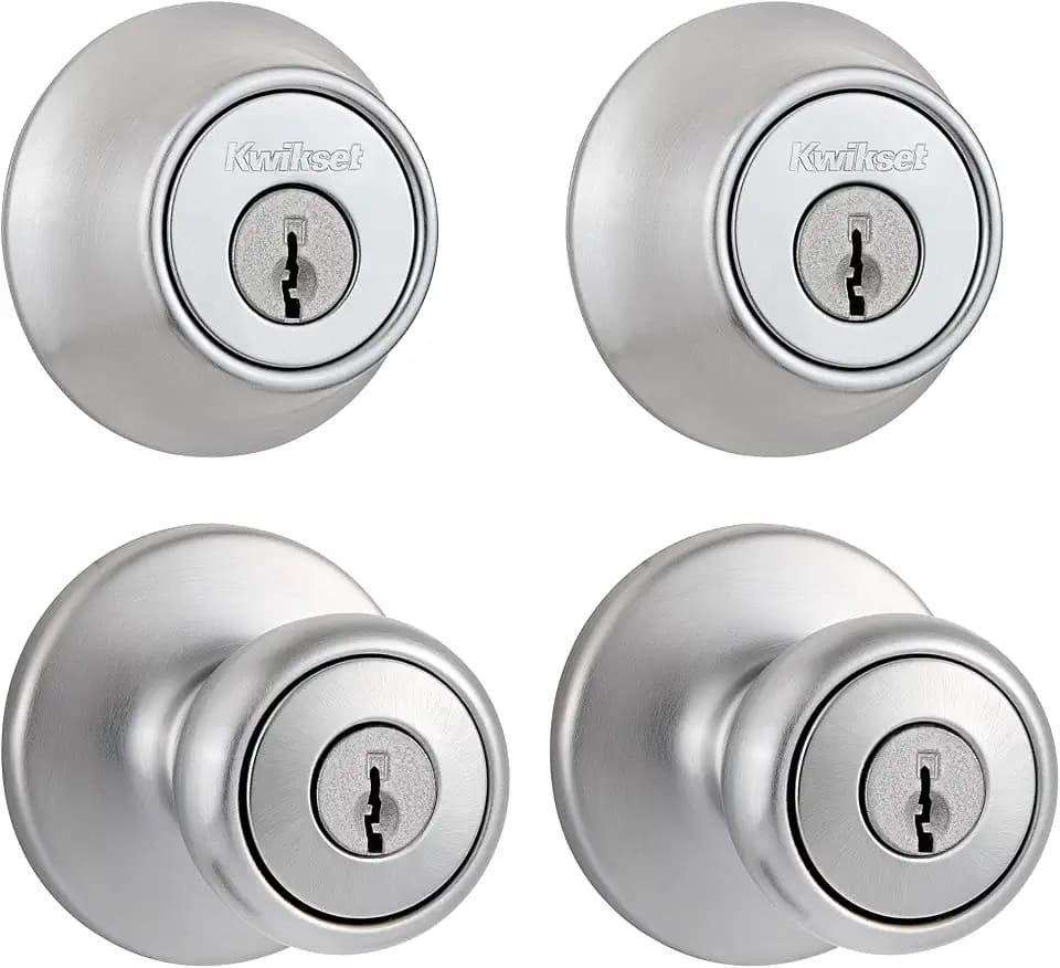 Kwikset Tylo Front Door Knob and Deadbolt Set, Entry Knob Combo Project Pack Exterior with Interior Door Knob, Satin Chrome, Pick Resistant SmartKey Rekey Deadbolt Security