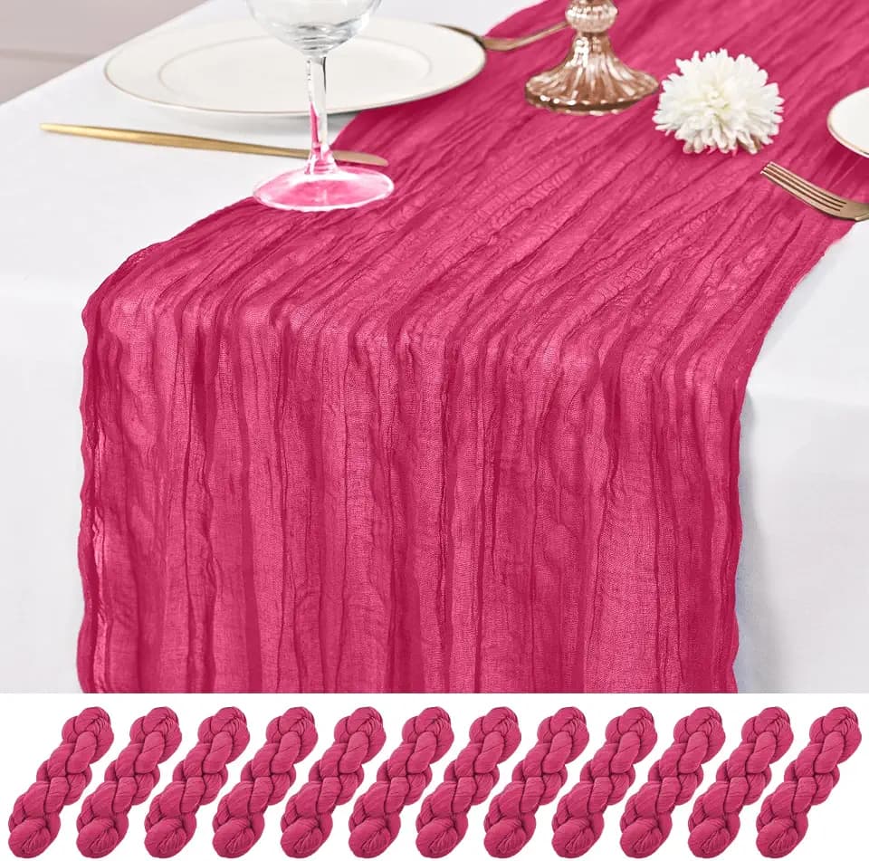 12 Pack Hot Pink Table Runner 10Ft Cheesecloth Table Runner Rustic Gauze Table Runners Romantic Long Sheer Fabric Cheese Cloth Table Runners for Wedding Party Bridal Baby Shower