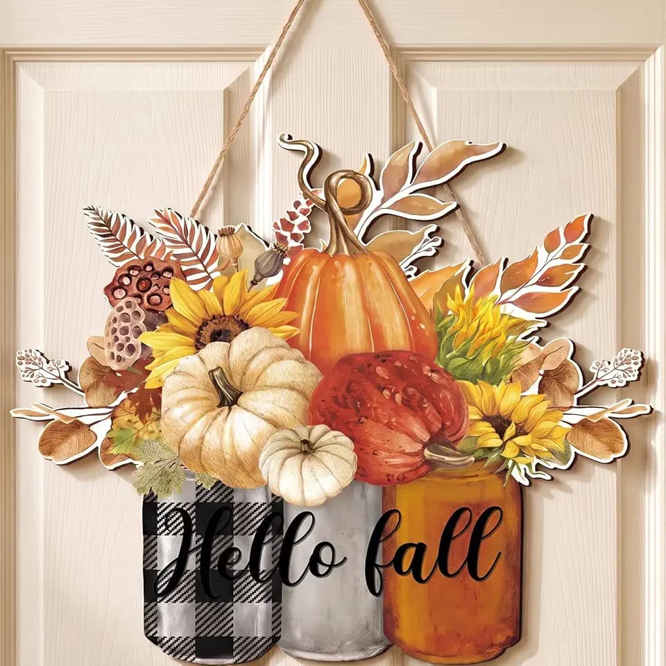 BBTO Hello Fall Door Decor Wooden Pumpkin Door Hanger, Fresh Style