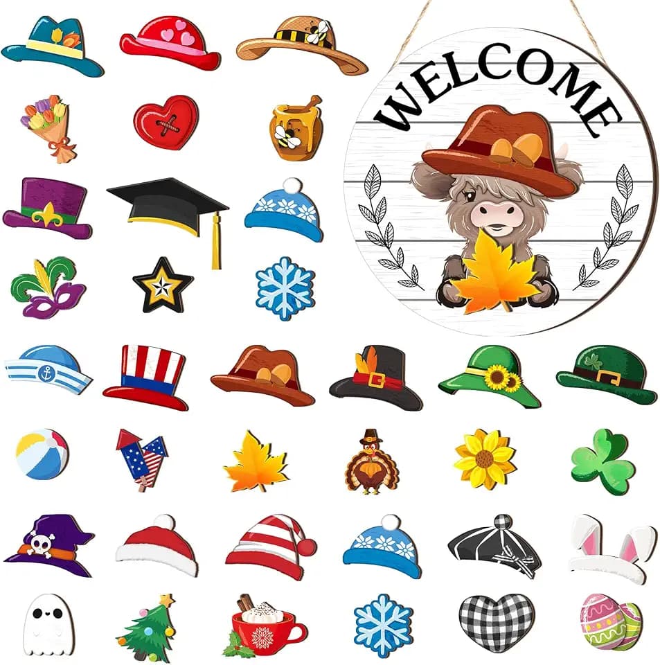 Vicenpal 35 Pcs Fall Interchangeable Highland Cow Welcome Sign, White