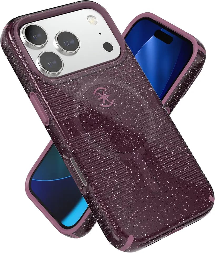 Speck CANDYSHELL Grip +MS Case for iPhone 17 Pro - Plumberry Glitter | Slim Protective Grip | Drop Protection | MagSafe Compatible