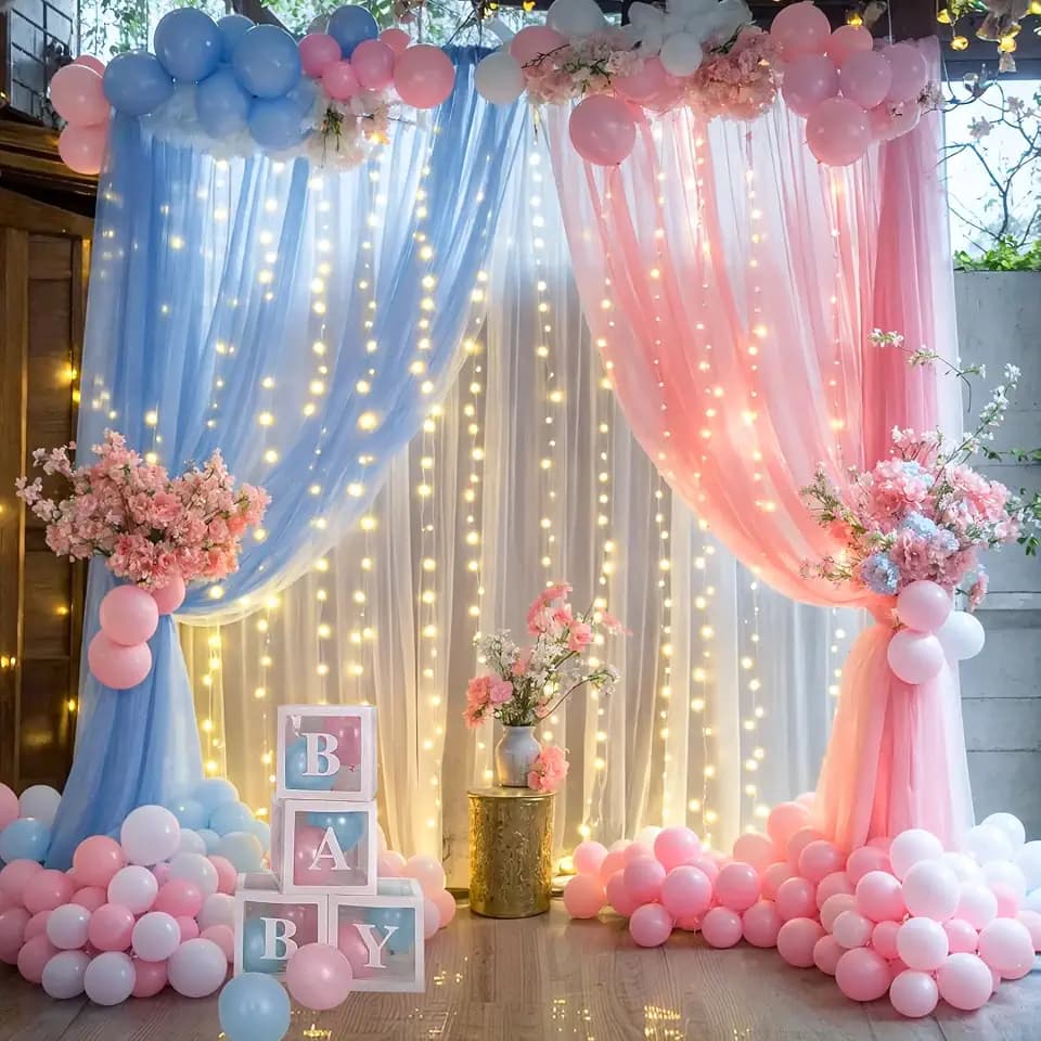 Transparente Tüll-Hintergrundvorhänge mit Lichterkette, für Geschlechtsoffenbarung, Babyparty-Dekorationen für Jungen oder Mädchen, Geburtstagsparty, Fotoshooting, Hintergrunddekorationen, 2 Paneele