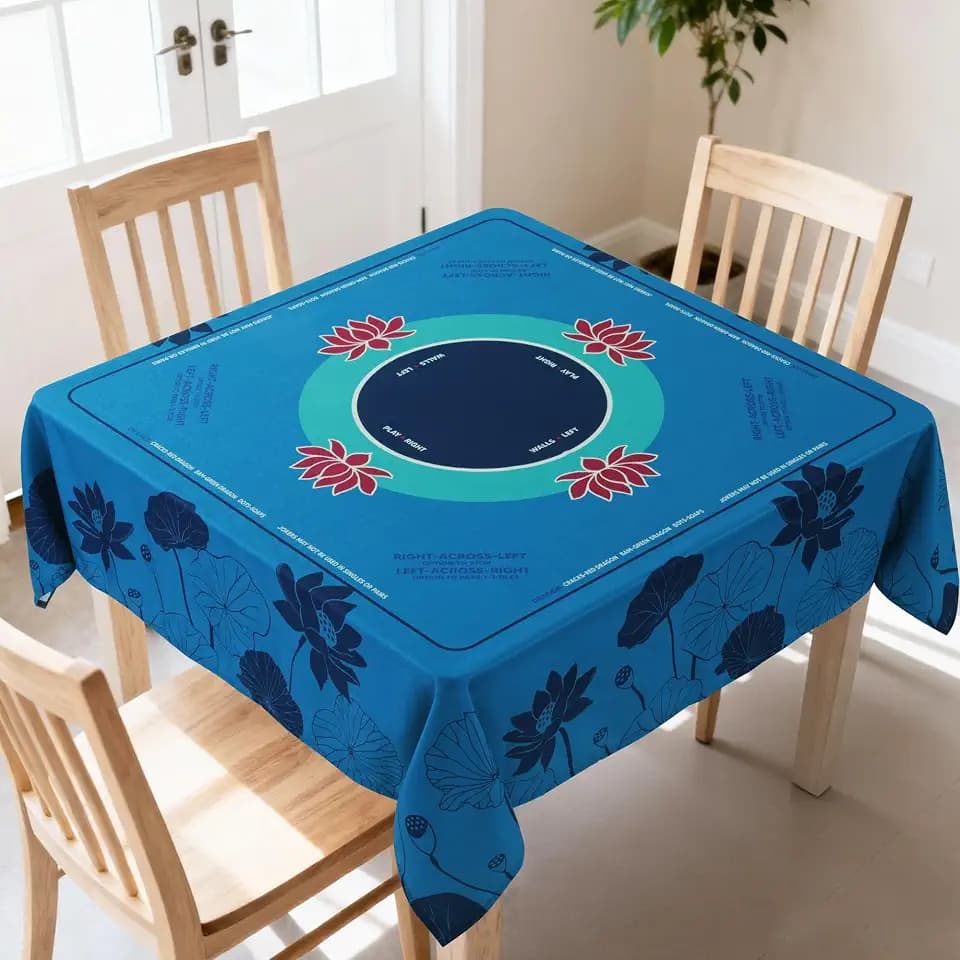 HOMBYS Elegant Lotus Mahjong Table Cloth 55x55 Inch, Square Mahjong Mat with Beginner Game Rules, Spill-Resistant Cover for Card & Tile Game Tables (Lake Blue)