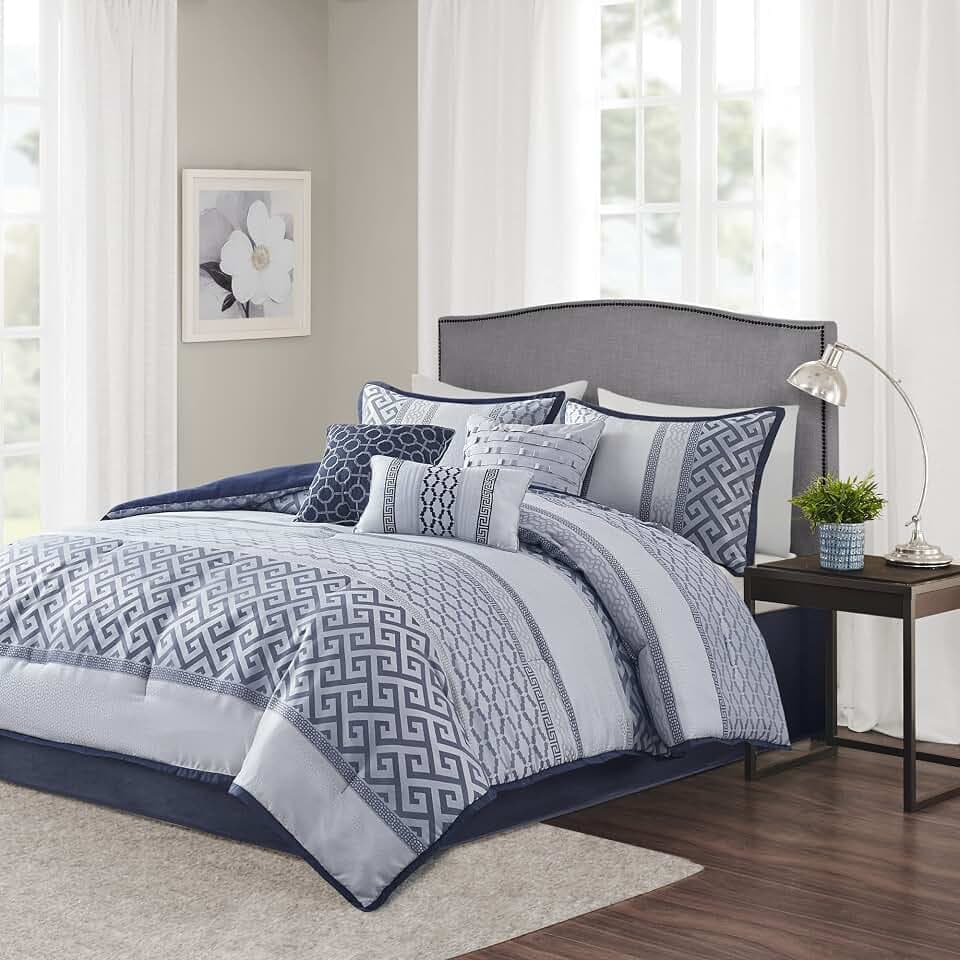 Madison Park Traditional Jacquard Navy Queen Comforter Set, 7pc