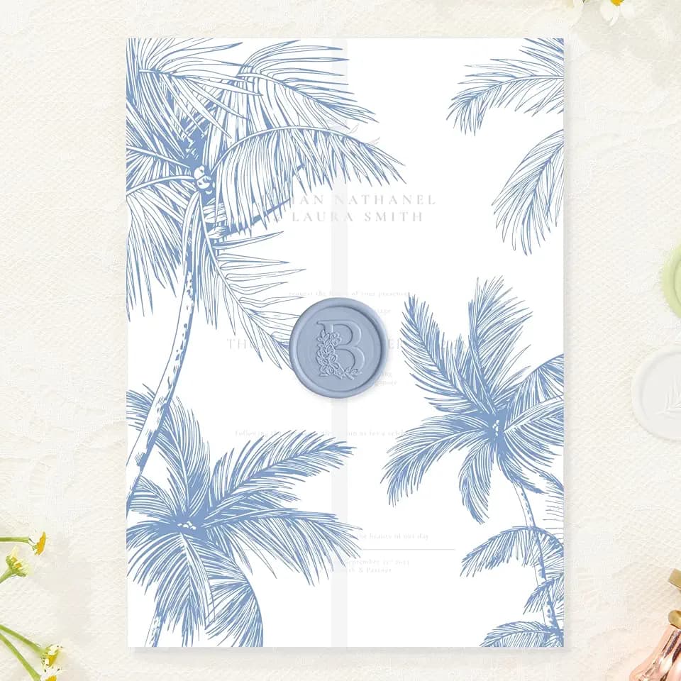 50 Pack Pre-Folded Vellum Jackets for 5x7 Invitations,AZAZA Elegant Translucent Invitation Sleeves,115GSM Vellum Jackets 5x7, Wedding Invitation Accessories, for Weddings Birthdays,Blue Palm Tree