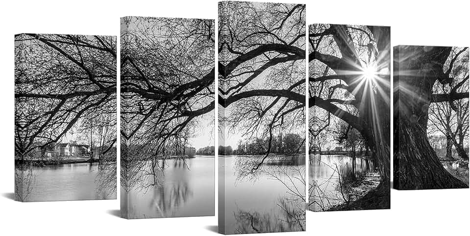 sechars - 5 Pieces Wall Art,Old Tree by Lake Picture Canvas Prints Sunrise Painting Black and White Landscape Canvas Art,Modern Wall Decoration,Framed and Ready to Hang