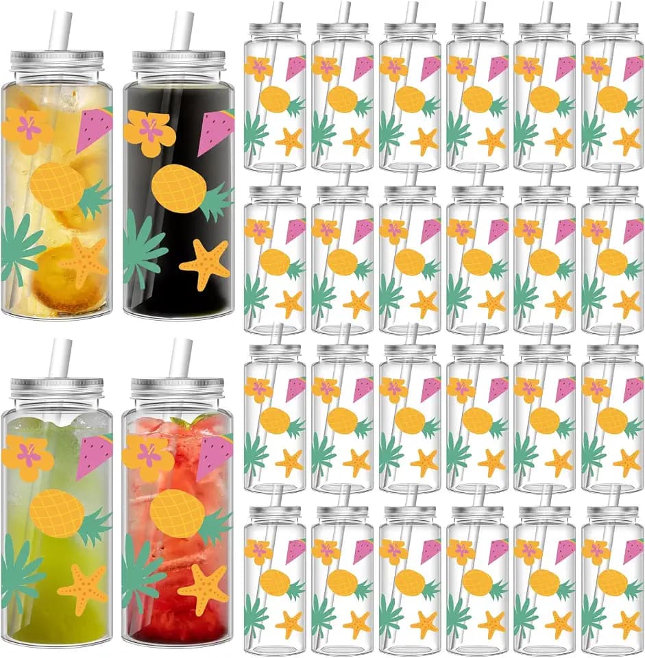 24 Pcs Hawaiian Plastic Cups with Lids and Straws 14.2 Oz Hawaiian Cups with Lids and Straws Summer Reusable Plastic Tumblers Coffee Tea Hot Cocoa Birthday Summer Party Supplies