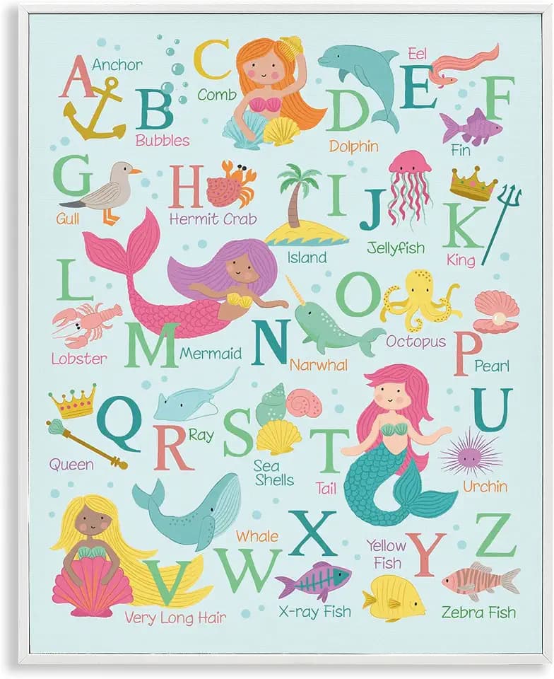 Mermaid Alphabet Beach Fantasy ABC, 24 x 30 Inch Framed Giclée Print
