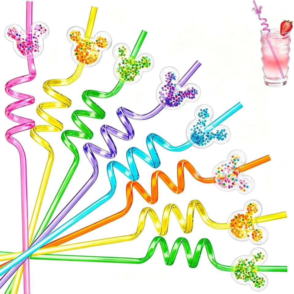 24 PCS Glitter Mouse Ear Straws, Reusable Spiral Crazy Straws