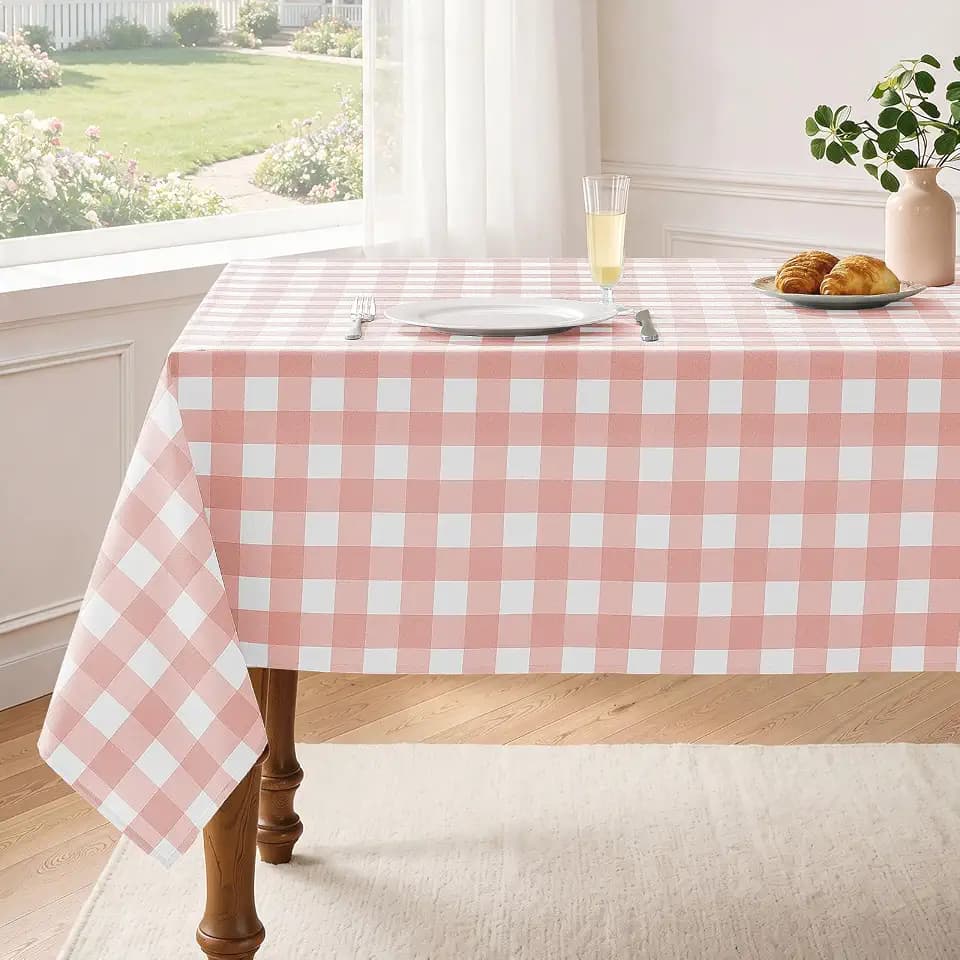 Veblandy Checkered Tablecloth Rectangle Waterproof Gingham Table Cloth Washable Buffalo Plaid Table Cover Wrinkle Free for Kitchen, Dining and Outdoor Picnic, 60 x 120 Inch, Pink and White