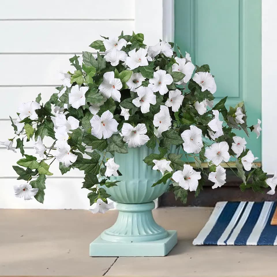 HyeFlora Artificial Flowers for Outdoors, 2PCS Faux Petunias Silk Fake Flowers for Outside Planter UV Resistant Realistic Home Garden Porch Decor (White)
