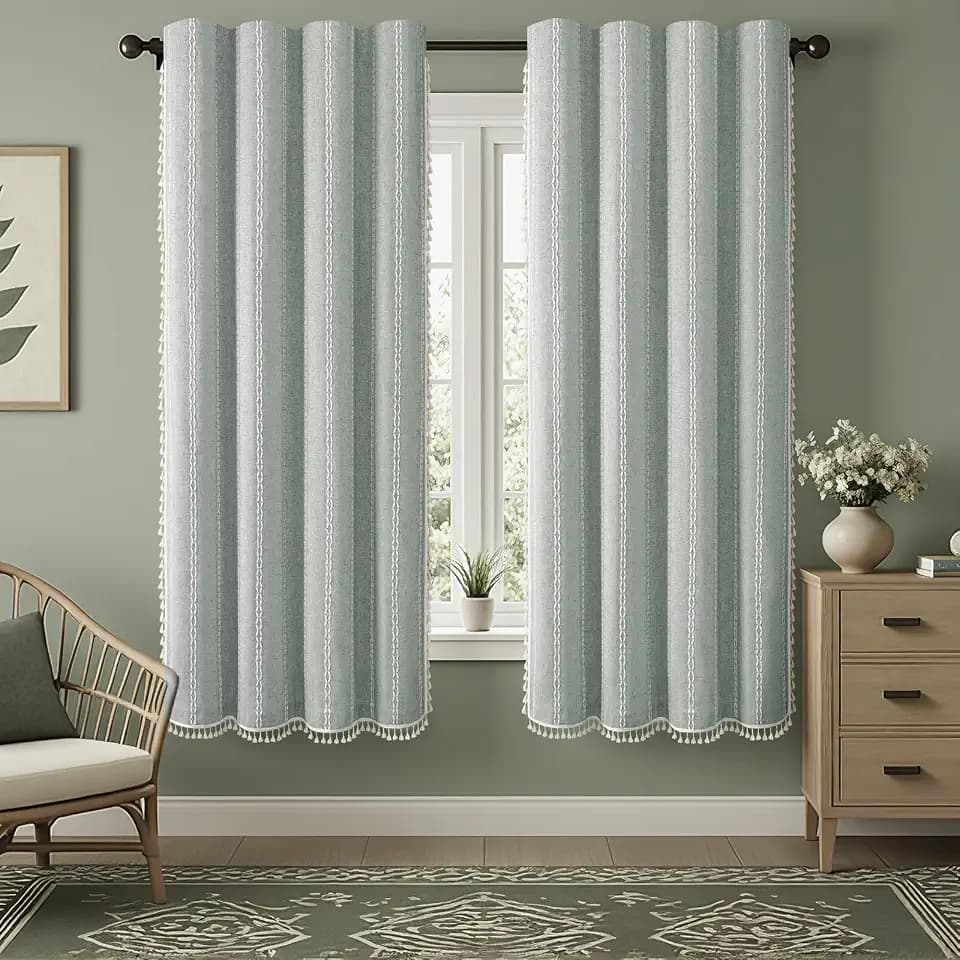 Teal 100% Boho Blackout Curtains 72 Inch 2 Panels with Tassels