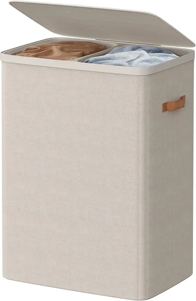 SONGMICS HOME Laundry Hamper with Lid, 2 Section Laundry Basket with Removable Liners and Handles, Foldable Clothes Sorter for Bedroom, Bathroom, Beige