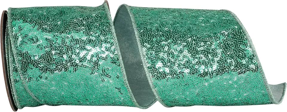Reliant Ribbon Metallic Sequin Fantasy Deluxe Metallic Backed Wired Edge, Aqua, 4 Inch, 5 Yards