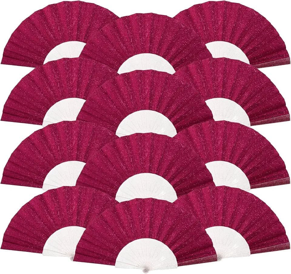 12 Pack Handheld Foldable Fan, Glitter Fan for Weddings, Tea Parties & Bridal Showers, Decorative Folding Fan (Deep Pink)