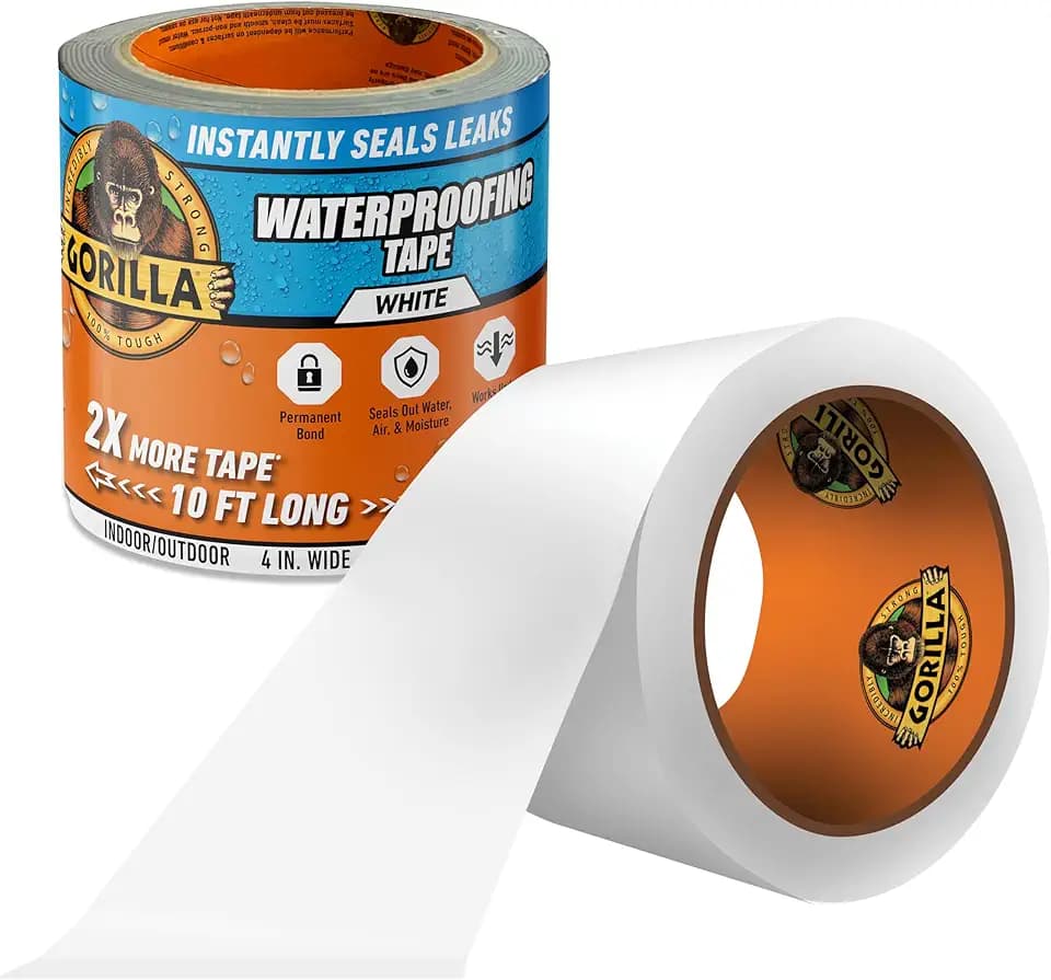 GORILLA Waterproofing Tape, Permanent, White, 4" x 10