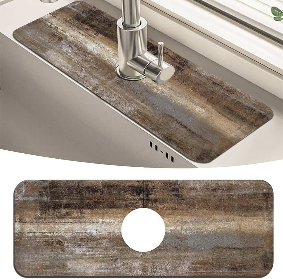 MCALK Dark Brown Kitchen Sink Faucet Mat Splash Guard, Absorbent Quick-Dry Kitchen Sink Mat - Ideal for Splash Guard & Drip Catching with Abstract Art Decor( 1pc 15"x5.5")