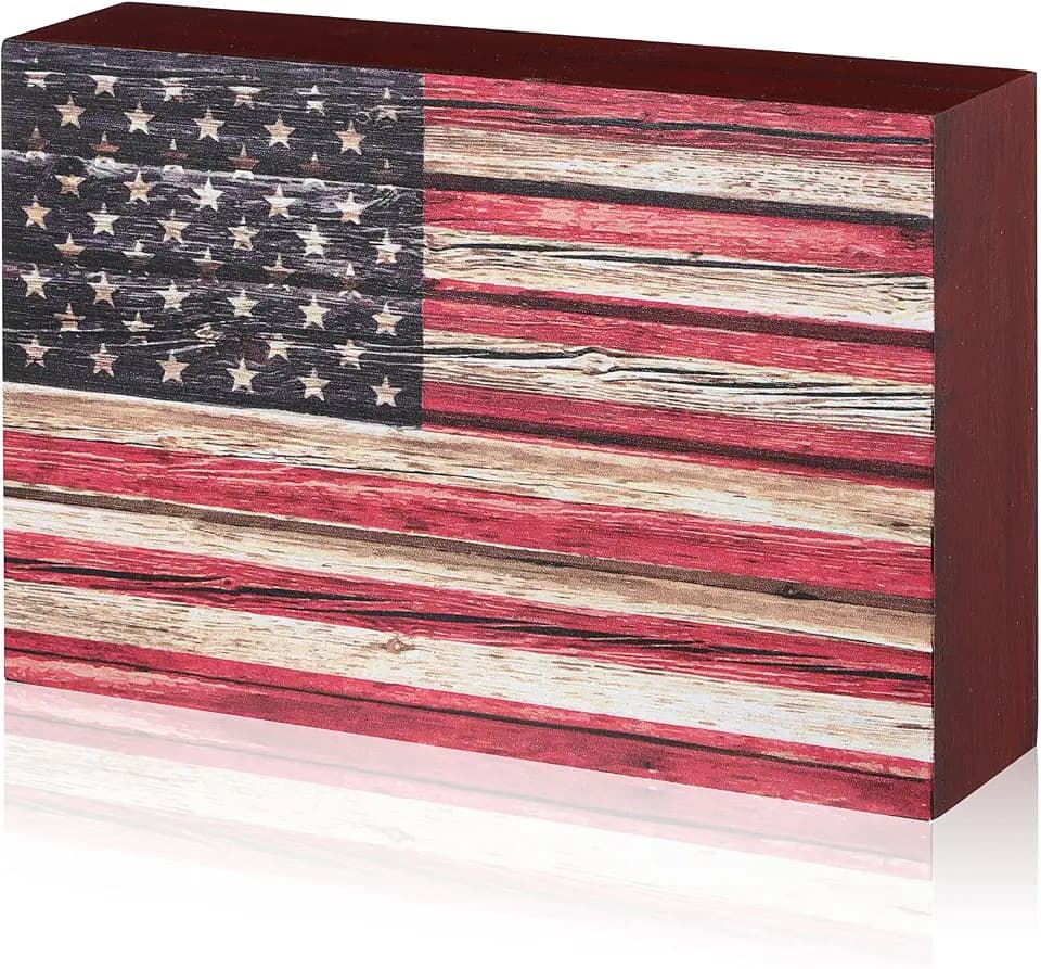Sintuff Wooden American Flag Box Sign,Patriotic Tabletop Decor