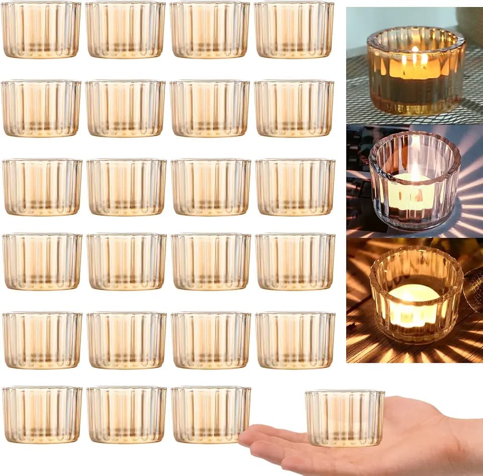 GOLDEAL Gold Round Tealight Candle Holders,Set of 24 Thick Glass Tea Light Candle Holder Decor,Candlestick for Wedding Decor,Party,Baby Shower Party,Bridal Shower Party,Table Centerpiece, Home Décor