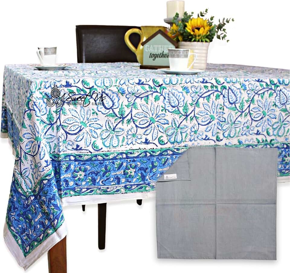 Tablecloth & Napkin, 100% Cotton, Block Print, Meera Ocean 70"x70" Square