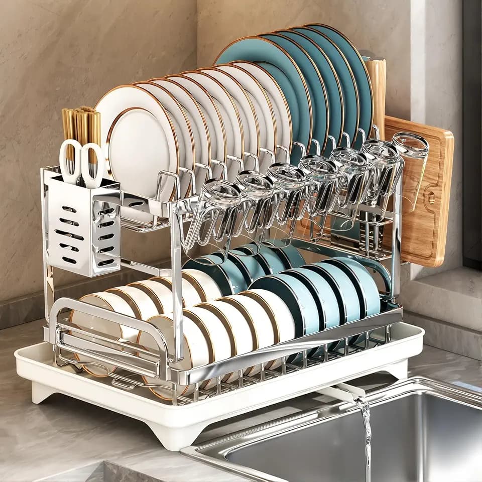 TarnorLe Double Layer Dish Drying Rack, Storage Super Large Bowl Dish Rack, Multifunctional Kitchen Countertop with Drain Pan, 304 Stainless Steel Kitchen Drying Rack, Tableware, Glass Drying Rack