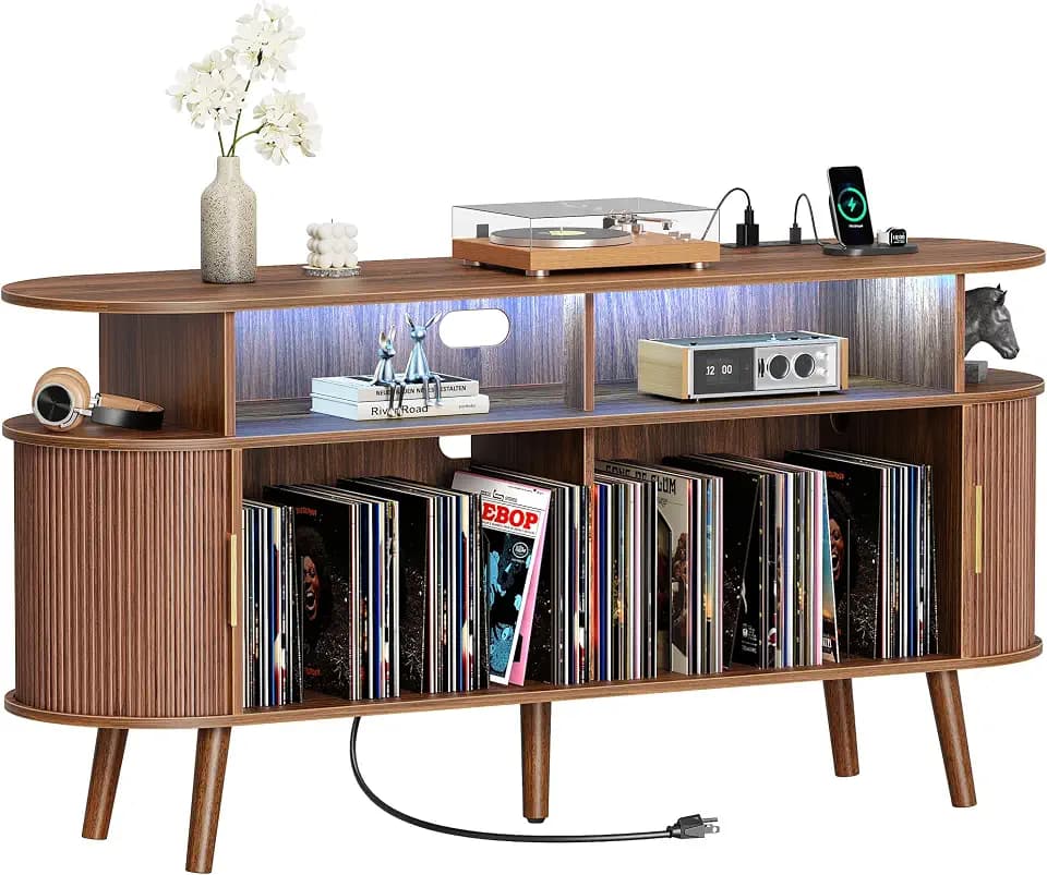 PRAISUN 54 Inch Larger Record Player Stand with Power Outlets & 3-Color Lights, Vinyl Record Stand with 2 Fluted Cabinets, USB-C Port, Mid Century Modern Player Stand, Open Storage, Walnut