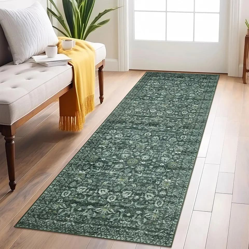 Lansny Vintage Floral 2x6 Runner Rug, Dark Green Washable Kitchen Runner Rug Non-Slip Hallway Rug Runner Boho Thin Printed Faux Wool Super Soft Carpet for Entryway Bedroom Laundry Room Indoor
