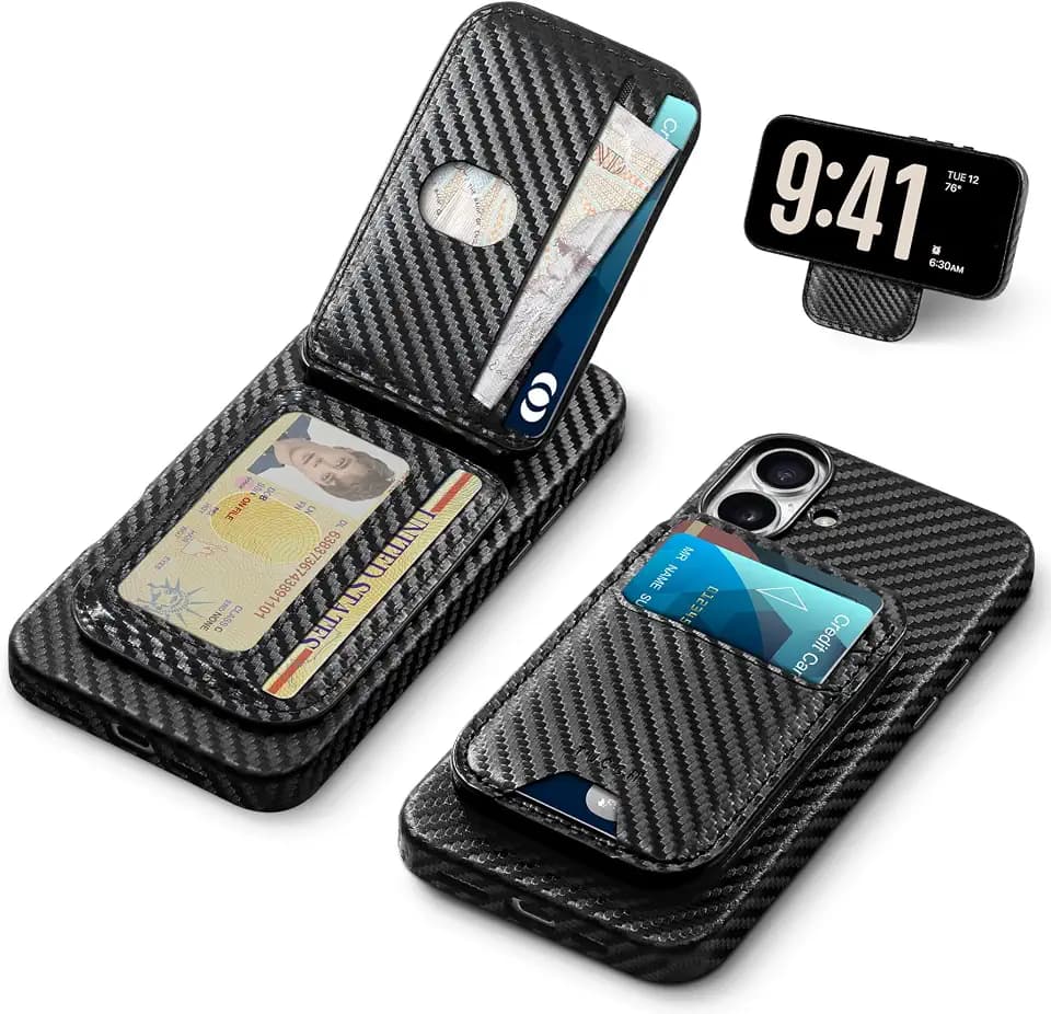 TUCCH Detachable 5 Card Slot Case for iPhone 16 Plus, Black Carbon Fiber