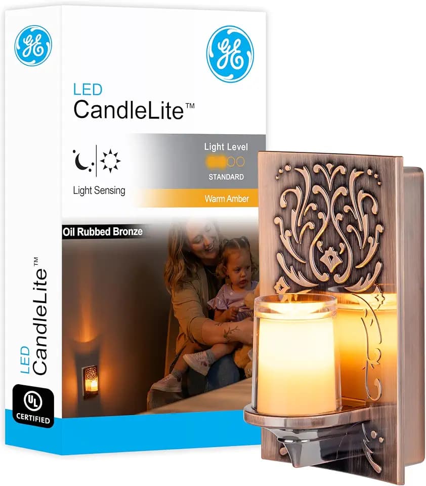 GE LED CandleLite Night Light, Plug-in, Dusk to Dawn Sensor, Flameless Candle, Sunset Light, Home Decor, LED Lights for Bedroom, Bathroom, Kitchen, Oil-Rubbed Bronze, 11258
