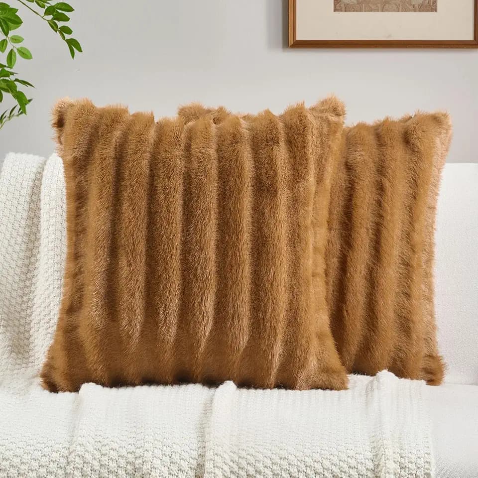 FUTEI Pack of 2 Faux Mink Fur Throw Pillow Covers 24x24 Inch, Camel