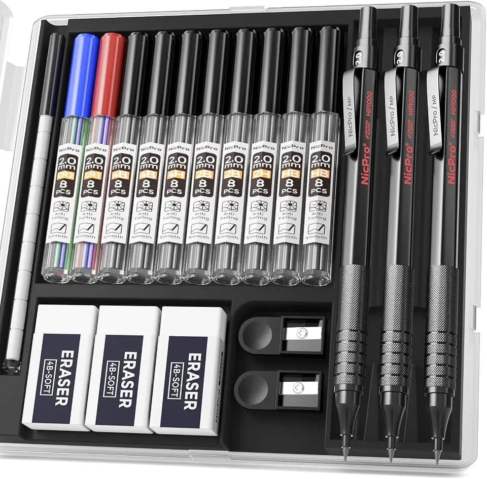 Nicpro 3 PCS Metal 2.0mm Mechanical Pencil Set with Case for Sketching