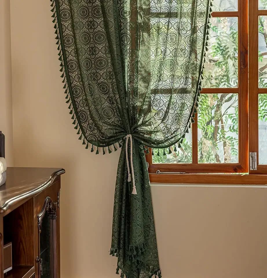 YJ YANJUN Boho Lace Curtains, Dark Green, 59" W x 54" L, 2 Panels